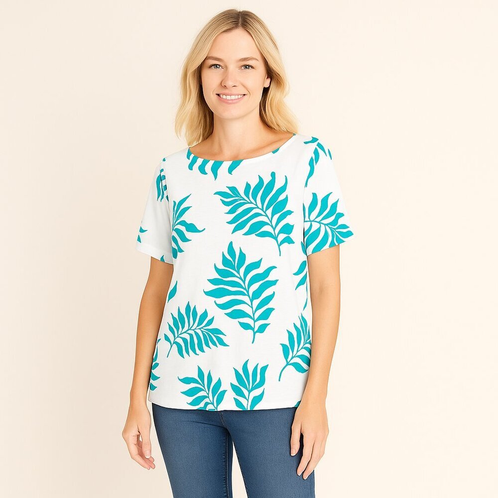 2/$30 Chico's Leaf Print Short Sleeve Hawaiian Bateau Tee White Teal 8 #A1524